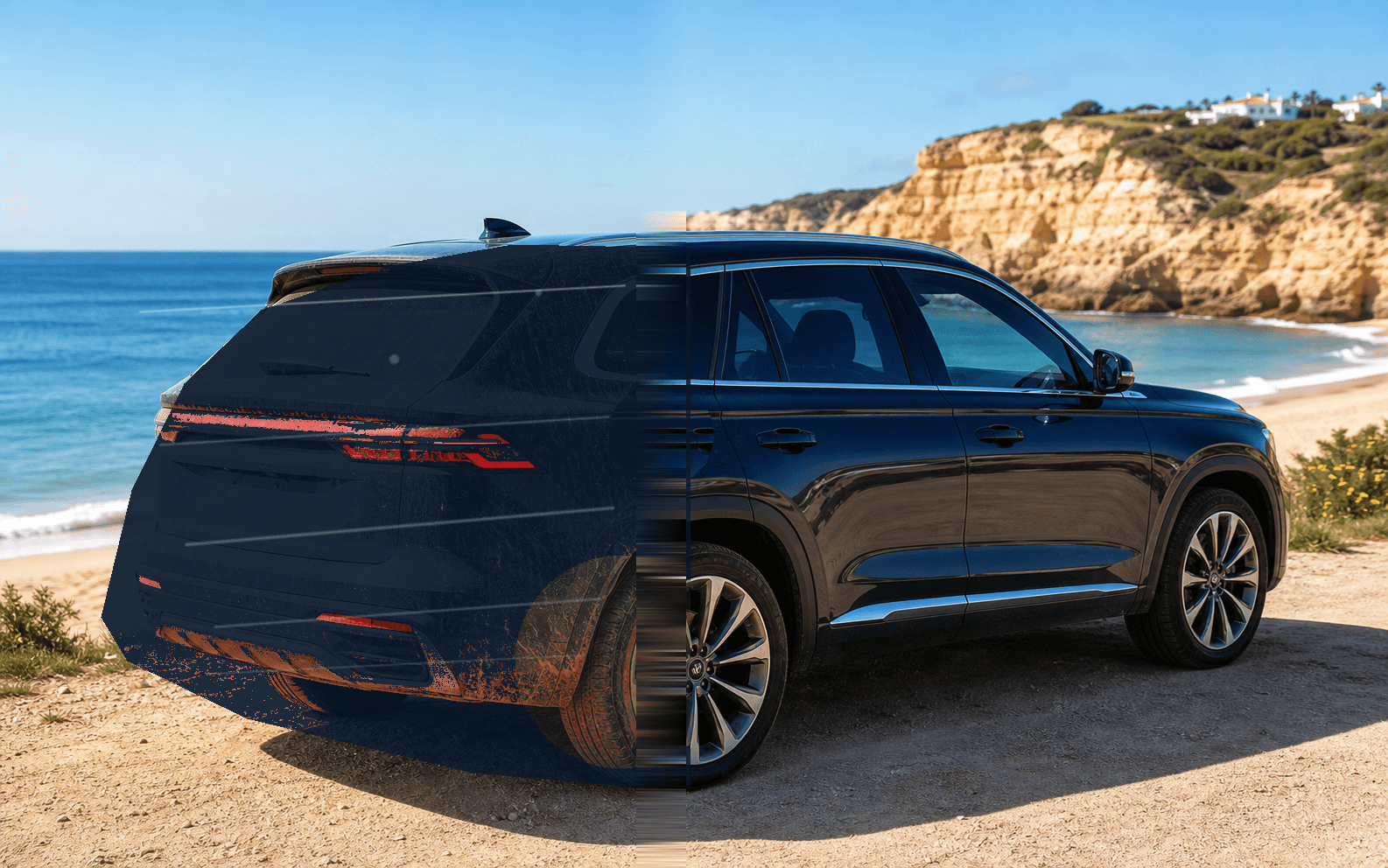 Same SUV mobile wash transformation on an Algarve beach with dirty and clean versions aligned exactly