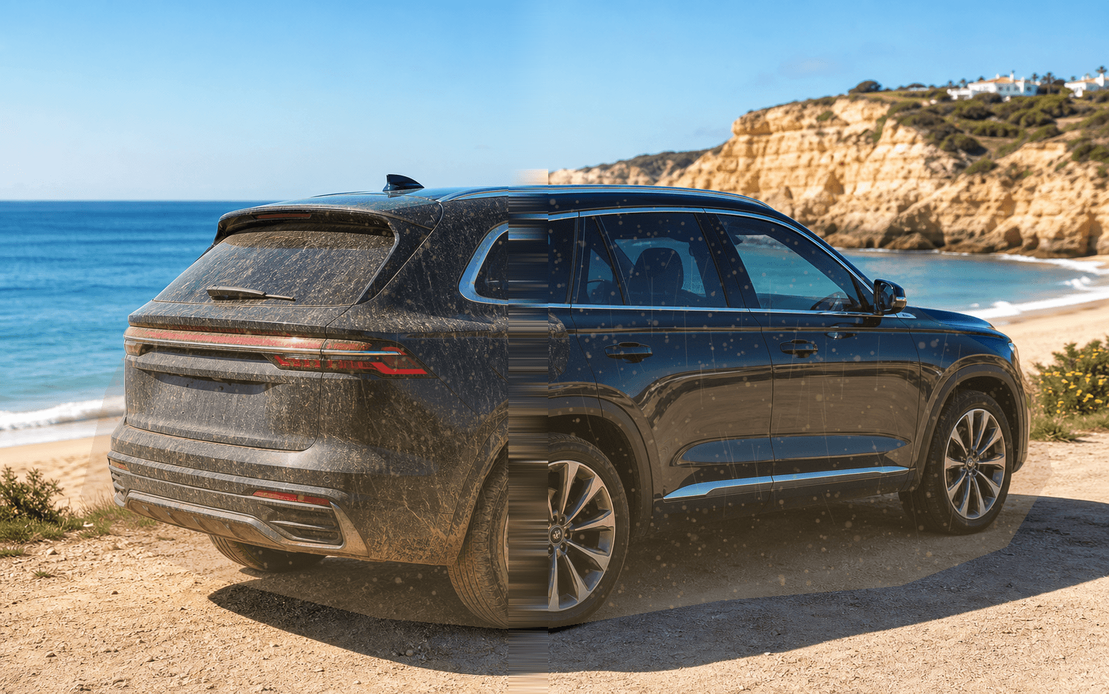 Same SUV mobile wash transformation on an Algarve beach with dirty and clean versions aligned exactly